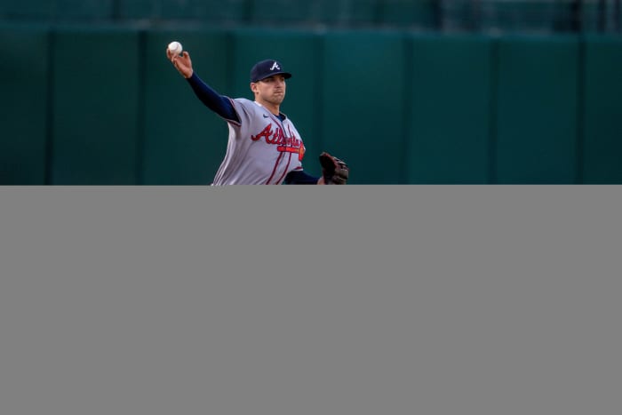 May 30, 2023; Oakland, California, USA; Atlanta Braves third baseman Austin Riley (27) throws out Oakland Athletics center fielder Esteury Ruiz (not pictured) during the first inning at Oakland-Alameda County Coliseum.